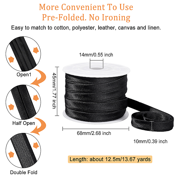 

PandaHall BENECREAT 13.5 Yard/12.5m Satin Bias Tape (10mm) Double Fold Satin Binding Bias Ribbon for Cheongsam Decoration, Clothing Seaming..., Black