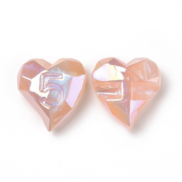 PandaHall Opaque Acrylic Beads, AB Color Plated, Heart with Number 5, Light Salmon, 32x30x13mm, Hole: 3.2mm Acrylic Heart