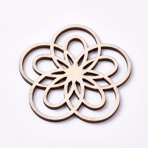 PandaHall Wood Cabochons, Laser Cut Wood Shapes, Flower, Blanched Almond, 49.5x49.5x1.6mm Wood Flower Orange