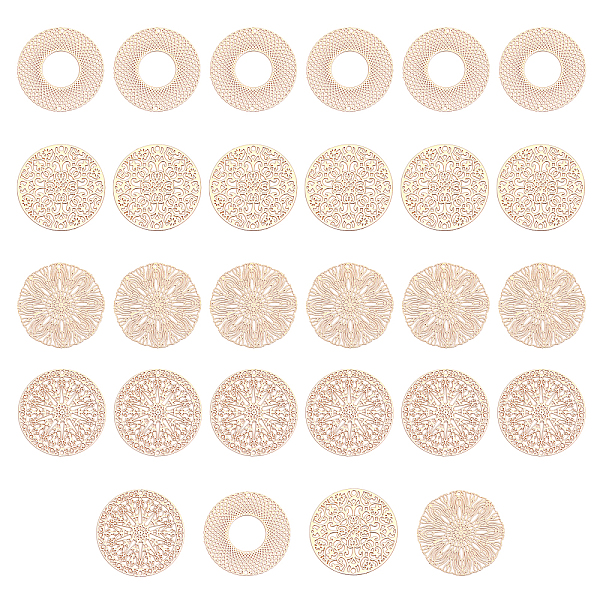 

PandaHall CHGCRAFT 32PCS 4 Styles Brass Filigree Joiners Links, Etched Metal Embellishments, Flat Round, Light Gold, 30x0.3mm, Hole...