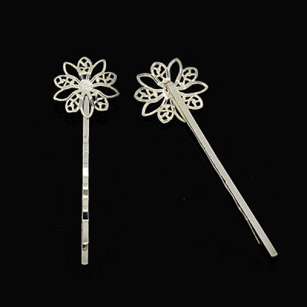 

PandaHall Brass Filigree Hair Bobby Pin Findings, Flower, Silver Color Plated, 62x19x6mm Brass