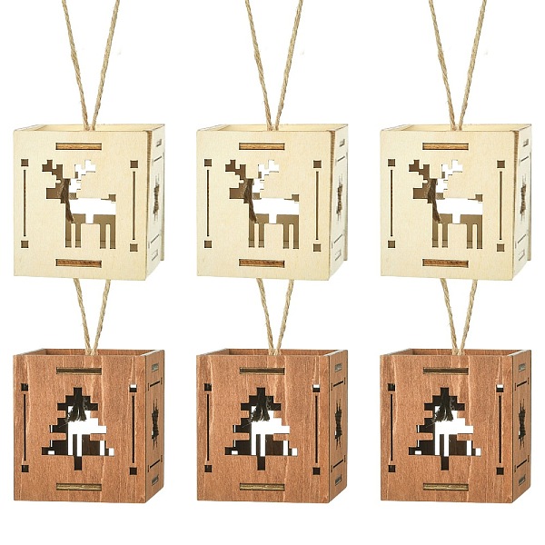 1 ensemble de 6 pièces 2 styles de décorations de Noël carrées en bois