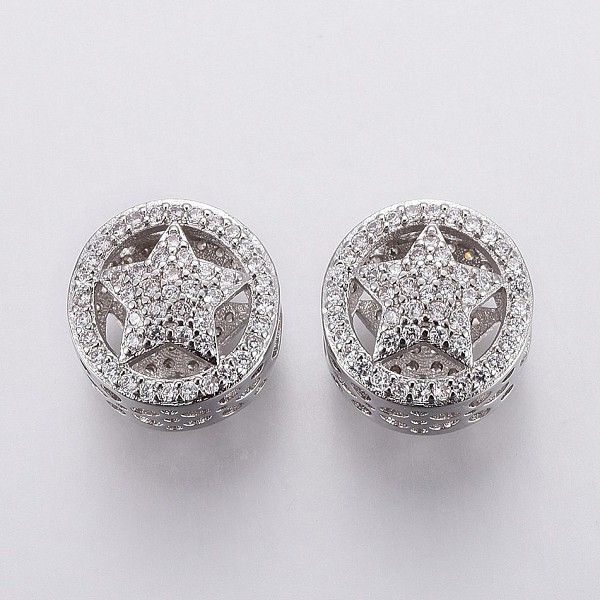 

PandaHall Brass Micro Pave Cubic Zirconia European Beads, Large Hole Beads, Hollow, Flat Round with Star, Clear, Platinum, 11.5x10mm, Hole...