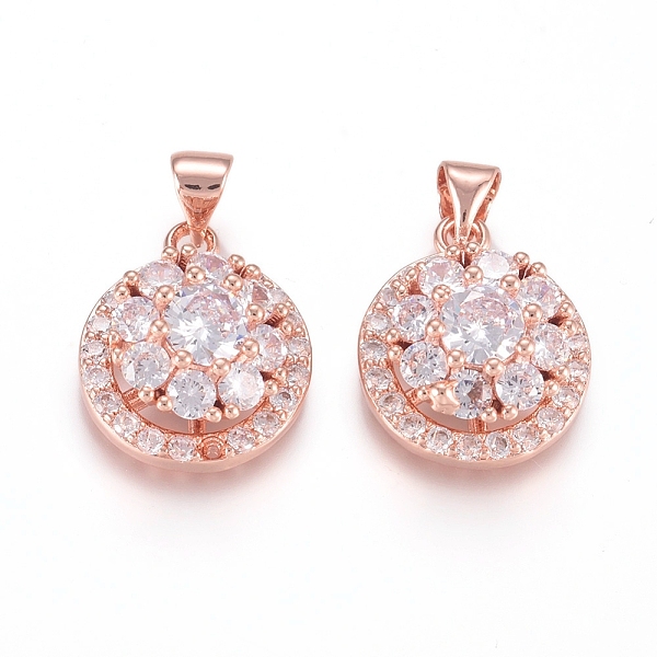 PandaHall Brass Micro Pave Cubic Zirconia Pendants, Long-Lasting Plated, Flat Round with Flower, Flower Able Rotate, Rose Gold, Clear...