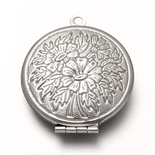 

PandaHall 316 Stainless Steel Locket Pendants, Photo Frame Charms for Necklaces, Flat Round with Flower, Stainless Steel Color, 32x27x6.5mm...