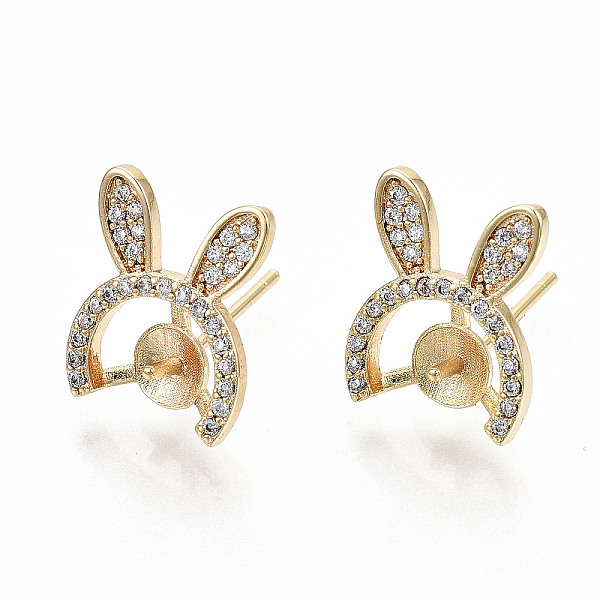 

PandaHall Brass Micro Pave Clear Cubic Zirconia Stud Earring Findings, for Half Drilled Bead, Nickel Free, Rabbit Ear Shape, Real 18K Gold...