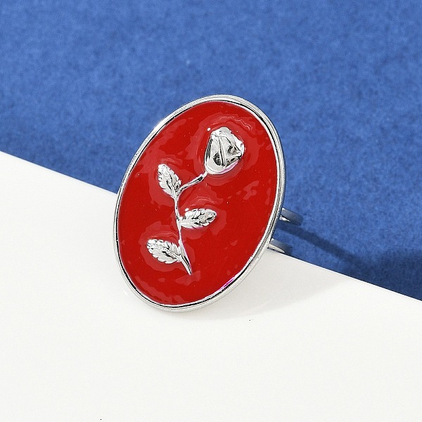 Oval with Rose Pattern 304 Stainless Steel Enamel Finger Rings for Women