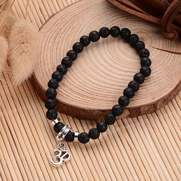 

PandaHall Natural Lava Rock Beaded Stretch Charm Bracelets, with Tibetan Style Antique Silver Alloy Charms, 58mm Lava Rock