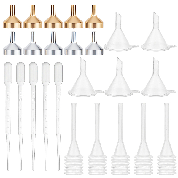 

PandaHall GORGECRAFT 25Pcs 5 Style Small Metal Funnels Essential Oil Funnel Kit and Dropper with Plastic Transfer Pipettes for Liquid Powder..., Multicolor