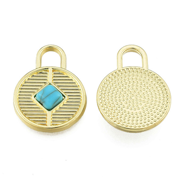 

PandaHall Rack Plating Alloy Pendants, with Synthetic Turquoise, Cadmium Free & Nickel Free & Lead Free, Light Gold, Flat Round, Deep Sky...