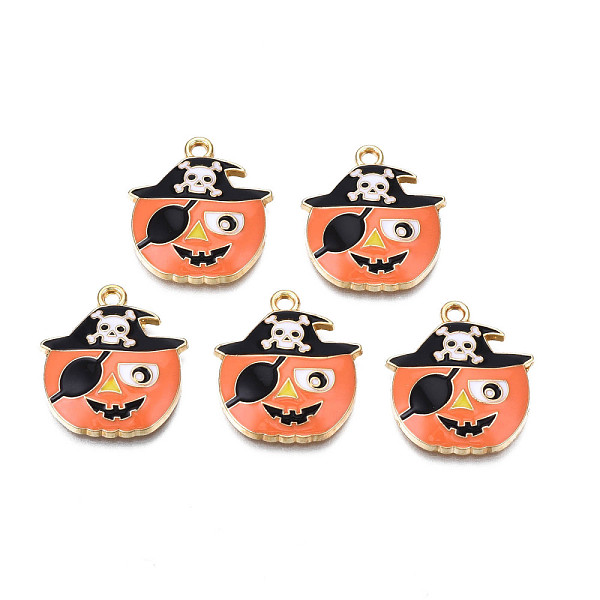

PandaHall Alloy Enamel Pendants, Cadmium Free & Nickel Free & Lead Free, Light Gold, Halloween, Pumpkin with Skull, Coral, 23x20.5x4mm, Hole..., Red