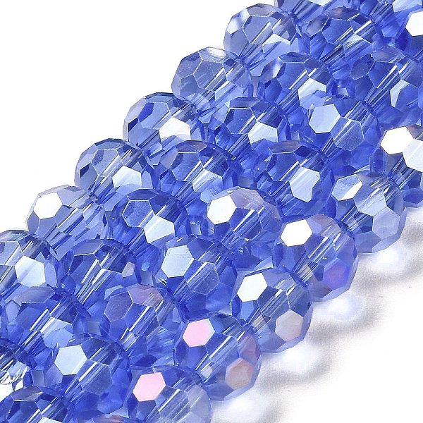 

PandaHall Transparent Glass Beads, 32 Facets, AB Color Plated, Round, Cornflower Blue, 10x8.5~9mm, Hole: 1.6mm, about 67pcs/strand, 23.62''...