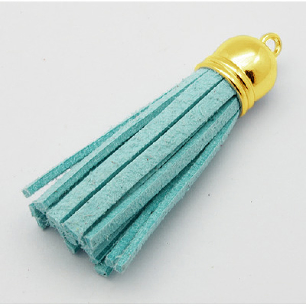 PandaHall Golden Brass Suede Tassels for Cell Phone Straps Making, Cyan, 55~65x12mm, Hole: 1.5mm Faux Suede Cyan
