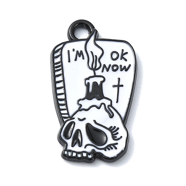 

PandaHall Halloween Theme Alloy Enamel Pendants, Black, Word I'm OK Now, Skull, 21.5x12.5x1.5mm, Hole: 2mm Alloy+Enamel Skull Black