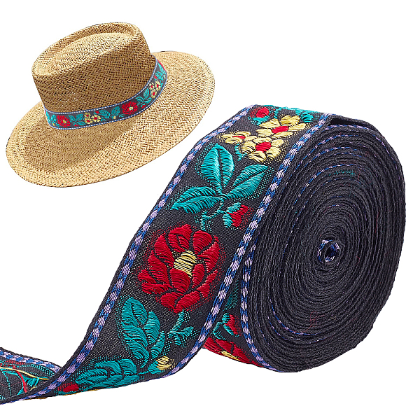 PandaHall FINGERINSPIRE 5 Yards 30mm Teal Jacquard Ribbon Trim Yellow & Red Floral Embroidery Trim Cotton Vintage Jacquard Ribbon Sewing...