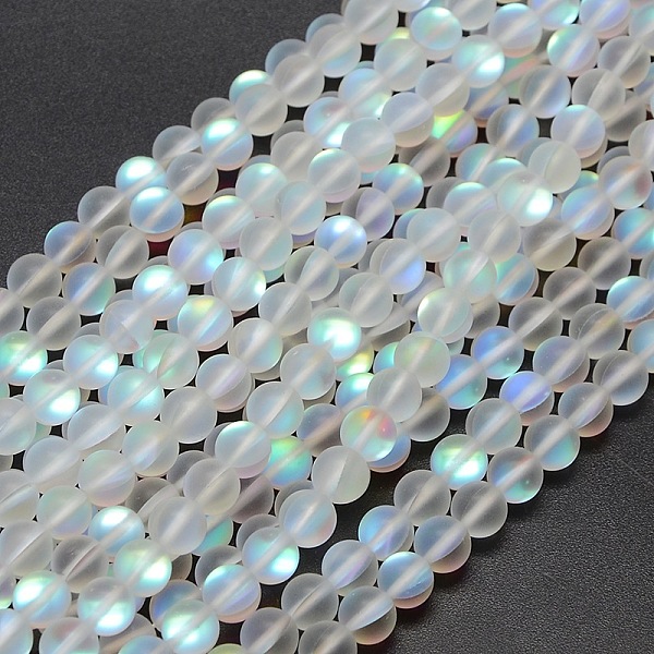 

PandaHall Synthetic Moonstone Beads Strands, Holographic Beads, Half AB Color Plated, Frosted, Round, White, 8mm, Hole: 1mm, about...