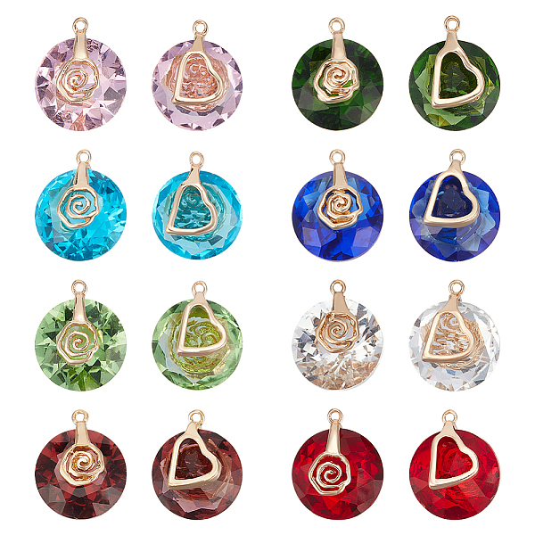 

PandaHall 16Pcs 8 Colors Valentine's Day Glass Pendants, with Light Gold Plated Brass Ice Pick Pinch Bails, Faceted, Flat Round with Rose..., Multicolor