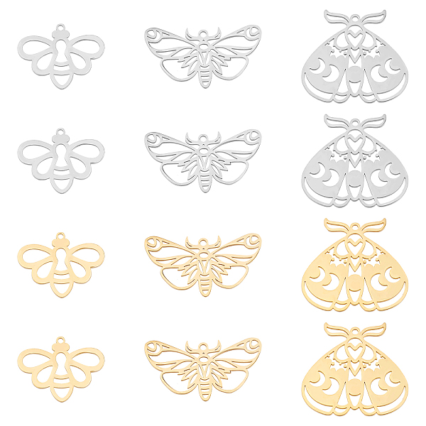 

PandaHall DICOSMETIC 12Pcs 3 Style 201 Stainless Steel Pendants, Insects Style, Golden & Stainless Steel Color, 18~28.5x24.5~30x1mm, Hole...