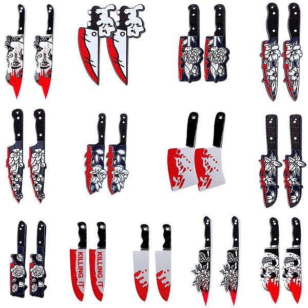 

PandaHall 26Pcs 13 Style Halloween Printed Opaque Acrylic Pendants, Knife, Mixed Color, 45~57x4~16x2~4mm, Hole: 0.8~1.8mm, 2pcs/style..., Multicolor