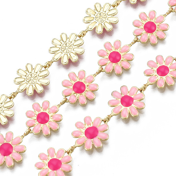 

PandaHall Brass Flower Link Chains, with Enamel, Unwelded, Real 16K Gold Plated, Pink, 13.5~14x9.5~10x1mm Brass+Enamel Pink