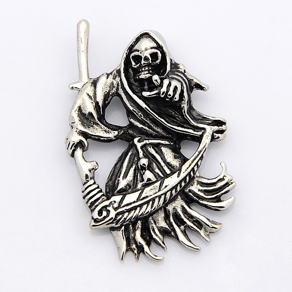 

PandaHall Retro Grim Reaper 304 Stainless Steel Gothic Pendants, Antique Silver, 49x31x7mm, Hole: 4x6mm 304 Stainless Steel Human