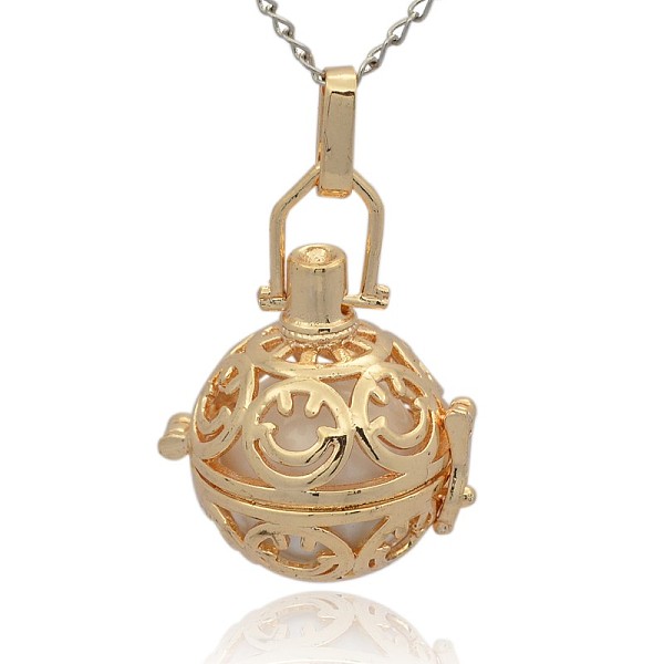 PandaHall Golden Tone Brass Hollow Round Cage Pendants, with No Hole Spray Painted Brass Round Ball Beads, White, 35x25x21mm, Hole: 3x8mm...