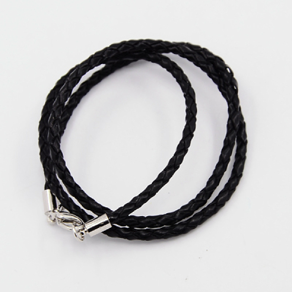 

PandaHall Braided Leather Cords, for Necklace Making, with Brass Lobster Clasps, Platinum, Black, 21 inch, 3mm Leather Black