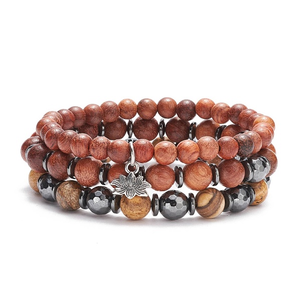 

PandaHall 3Pcs 3 Style Natural Picture Jasper & Wood & Synthetic Hematite Stretch Bracelets Set with Alloy Lotus Charm, Gemstone Jewelry for...