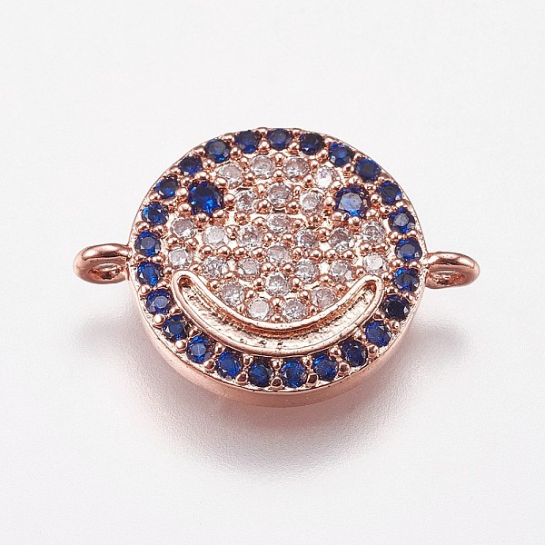 

PandaHall Brass Micro Pave Cubic Zirconia Links, Smiling Face, Blue, Rose Gold, 11.5x16x2mm, Hole: 1mm Brass+Cubic Zirconia Flat Round Blue