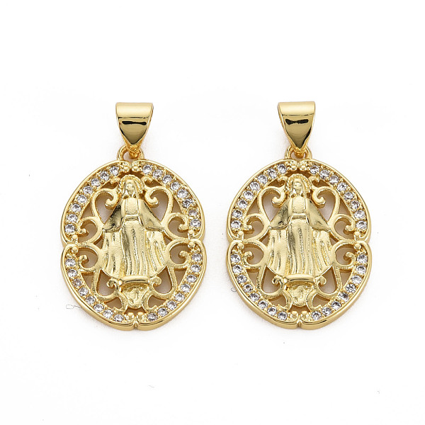 

PandaHall Brass Micro Pave Cubic Zirconia Pendants, Nickel Free, Oval with Virgin, Real 16K Gold Plated, 21.5x15.5x2.5mm, Hole: 3x5mm..., Clear