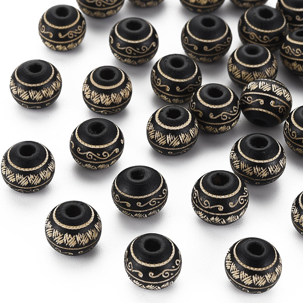 

PandaHall Painted Natural Wood Beads, Round with Laser Engraved Leaf Pattern, Black, 10x9mm, Hole: 2.5mm Schima Wood Leaf Black