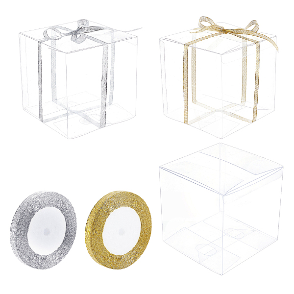 

PandaHall BENECREAT Foldable Transparent PVC Boxes, with Glitter Metallic Ribbon, Mixed Color, PVC Boxes: 10pcs Plastic Square Multicolor