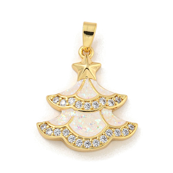 

PandaHall Christmas Brass Micro Pave Cubic Zirconia Pendant, with Synthetic Opal, Christmas Tree, Snow, 22x19.5x3.5mm, Hole: 5x3mm..., White