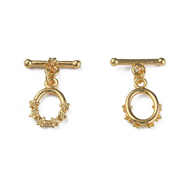 

PandaHall Brass Toggle Clasps, Nickel Free, Oval with Flower, Real 18K Gold Plated, 26mm, Hole: 2mm Brass Oval