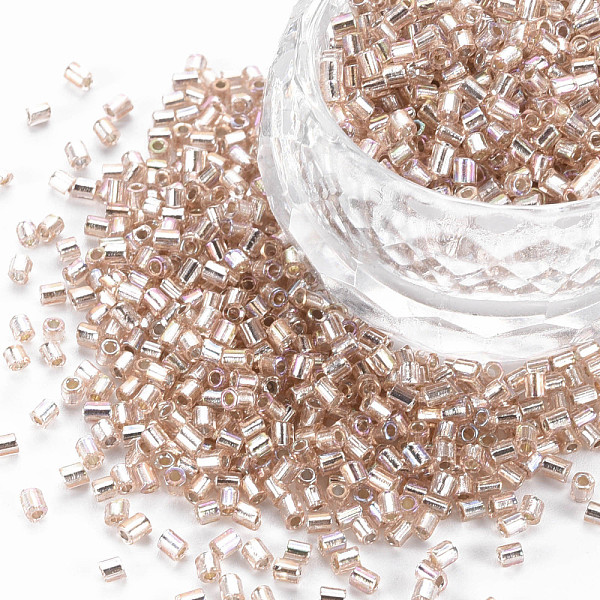 

PandaHall Glass Bugle Beads, Silver Lined Colours Rainbow, Misty Rose, 2.5~3x2mm, Hole: 0.9mm, about 15000pcs/pound Glass