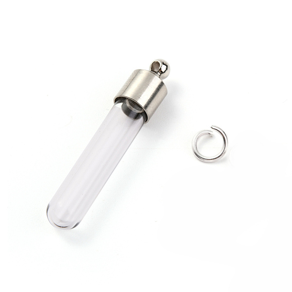 

PandaHall Transparent Glass Bottle Pendant, with Brass Findings and Jump Rings, Openable Perfume Bottle, Tube, Platinum, 36x7mm, Hole: 1.6mm...