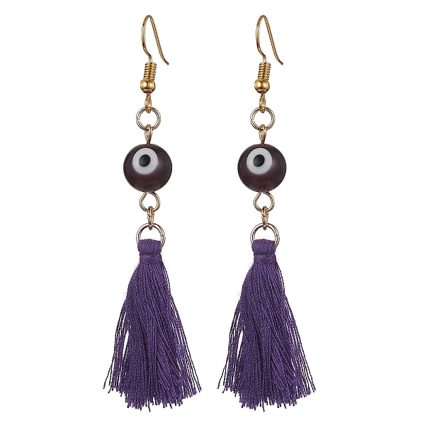 

PandaHall Evil Eye Lampwork & Tassel Earrings, Golden Iron Long Dangle Earrings, Medium Purple, 70~72x17~22mm Lampwork Evil Eye