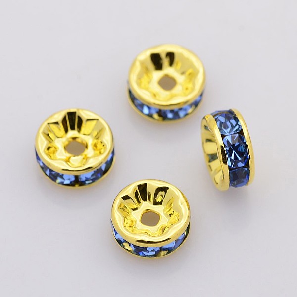 

PandaHall Brass Rhinestone Spacer Beads, Grade A, Straight Flange, Golden Metal Color, Rondelle, Light Sapphire, 6x3mm, Hole: 1mm..., Blue