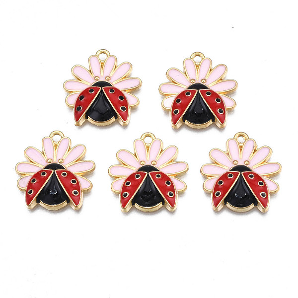 

PandaHall Rack Plating Alloy Enamel Pendants, Cadmium Free & Nickel Free & Lead Free, Light Gold, Flower with Ladybird, Pink, 22x21x3.5mm...