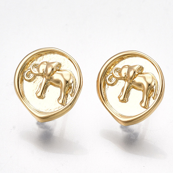

PandaHall Brass Stud Earring Findings, with Loop, Nickel Free, Real 18K Gold Plated, Flat Round with Elephant, 14x13.5mm, Hole: 2mm, Pin...