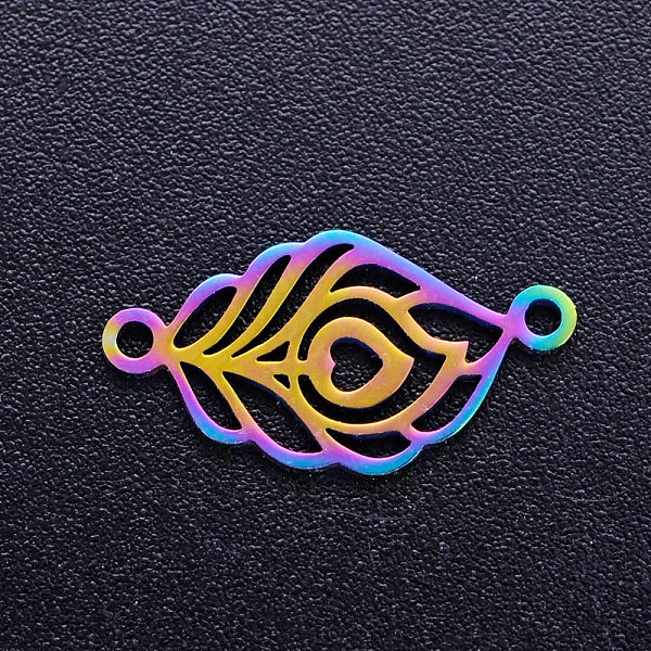 

PandaHall Ion Plating(IP) 201 Stainless Steel Links, Peacock Feathers, Rainbow Color, 17x9x1mm, Hole: 1.2mm 201 Stainless Steel Feather