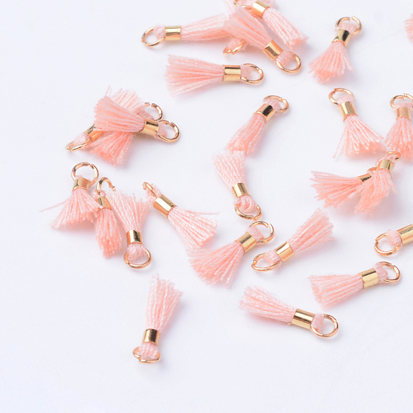 

PandaHall Polycotton(Polyester Cotton) Tassel Pendant Decorations, with Unwelded Iron Jump Rings, Golden, Light Salmon, 10~16x2mm, Hole..., Red