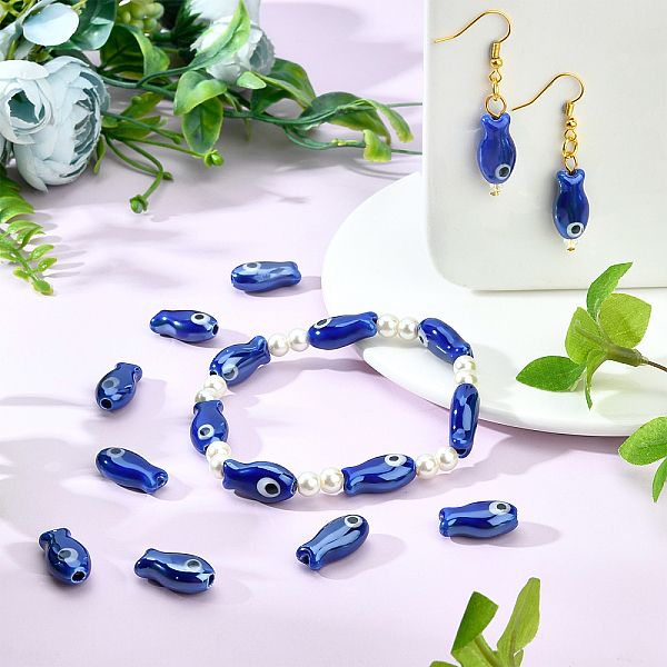 

PandaHall about 17 Pcs Evil Eye Porcelain Ceramic Beads, Fish Shape Spacer Beads Handmade Glazed Ceramic Beads for Jewelry Necklace..., Blue