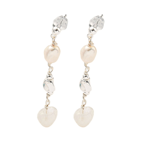 

PandaHall Natural Pearl with Quartz Crystal Stud Earrings, Brass Findingds for Women, Oval, Seashell Color, 43x7mm Pearl Oval