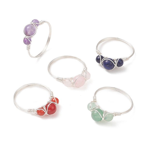 

PandaHall Natural Mixed Gemstone Round Beaded Finger Rings, Silver Copper Wire Wrapped Jewelry for Women, Inner Diameter: 20mm Mixed Stone