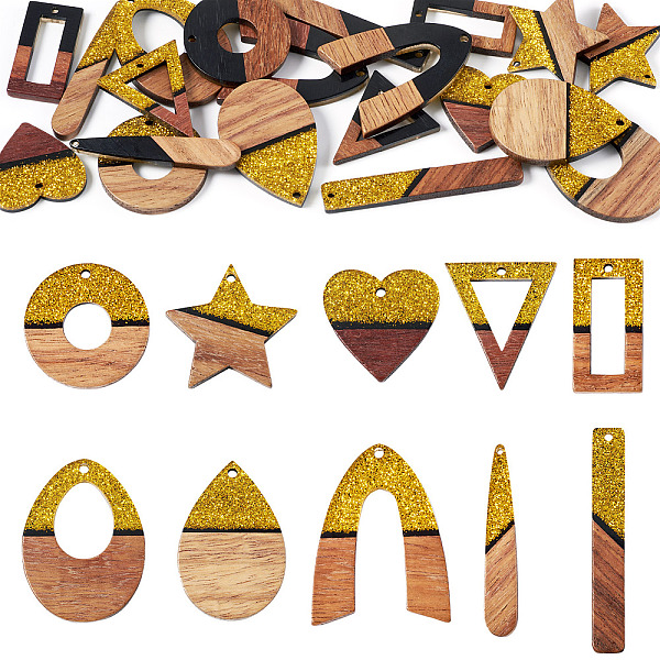 20Pcs 10 Styles Opaque Resin & Walnut Wood Pendants