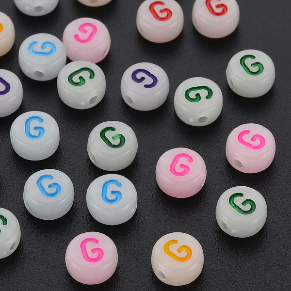 

PandaHall Acrylic Beads, Glow in the Dark, with Enamel and Luminous, Horizontal Hole, Flat Round with Alphabet, Letter.G, 6.5x7x4mm, Hole..., Multicolor