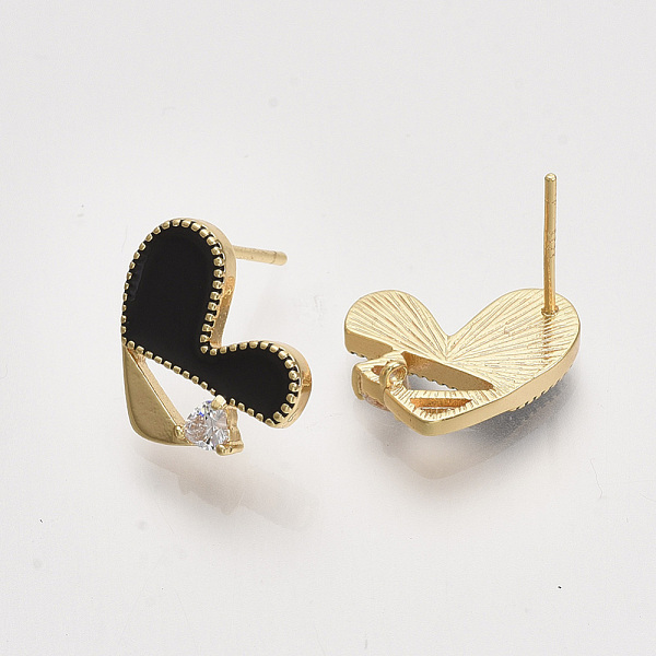 

PandaHall Brass Enamel Stud Earring Findings, with Cubic Zirconia and Loop, Real 18K Gold Plated, Nickel Free, Heart, Clear, Black...