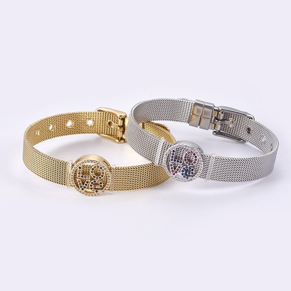 

PandaHall Unisex 304 Stainless Steel Watch Band Wristband Bracelets, with Brass Micro Pave Cubic Zirconia Slider Charms, Flat Round with...