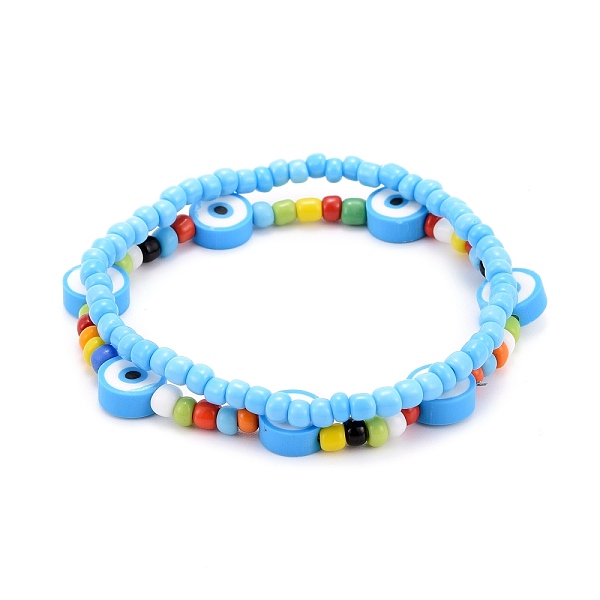 

PandaHall Glass Seed Beads Stretch Bracelets, with Polymer Clay Eye Beads, Light Cyan, Inner Diameter: 2-1/8~2-1/4 inch(5.3~5.8cm), 2pcs/set...